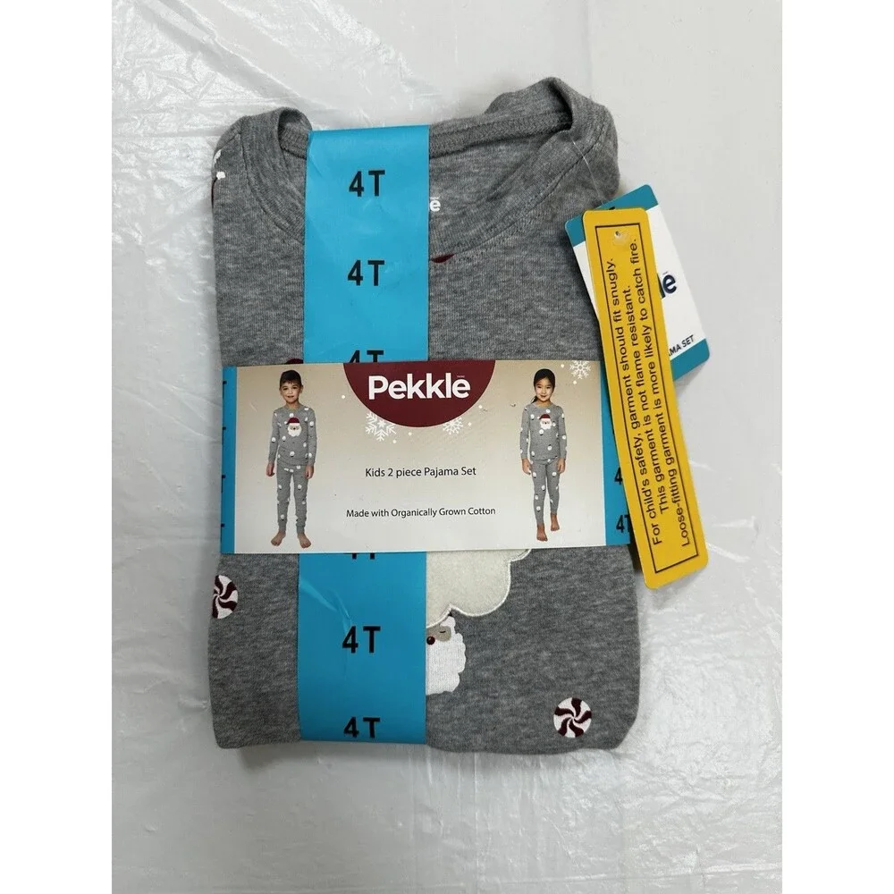 Pekkle Kids 2 Piece Pajama Set Gray with Cute Snowman Snowflakes 100% Cotton 4T